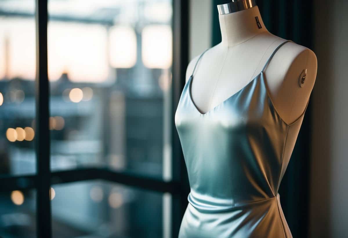 A simple, flowing silk slip dress on a sleek mannequin