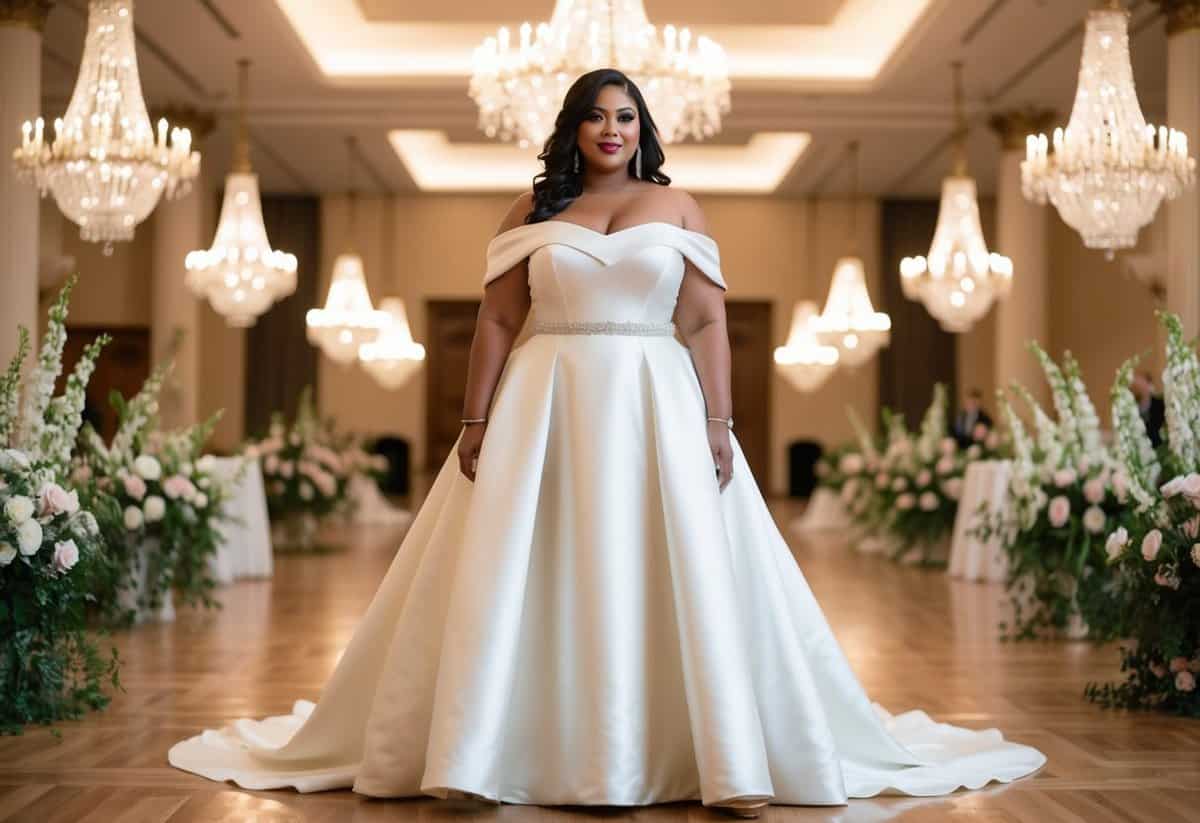 A curvy bride stands in a grand ballroom, wearing an off-shoulder satin gown with a flowing skirt, surrounded by elegant chandeliers and floral arrangements