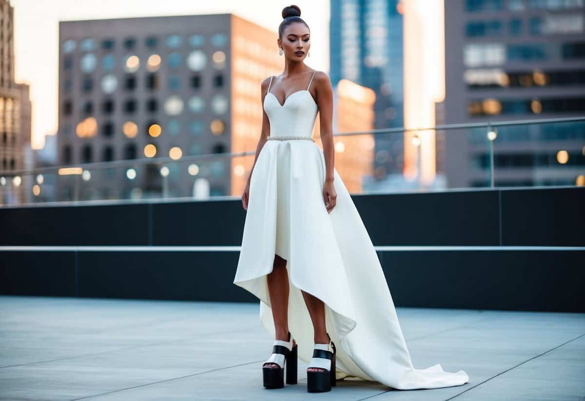 A modern high-low hem wedding dress with 1990s style features, such as spaghetti straps and a fitted bodice, paired with chunky platform heels and a sleek updo