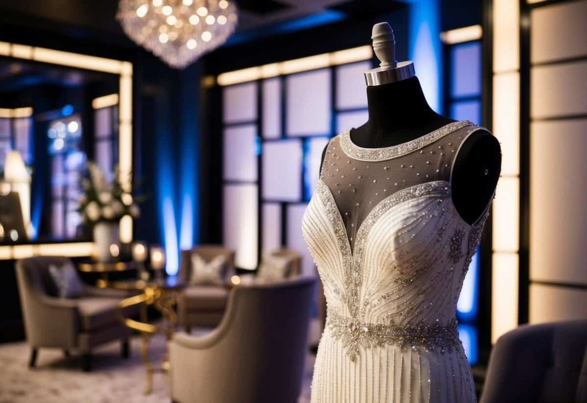 A beaded sheath wedding dress displayed on a mannequin in a glamorous 1990s-style setting with dramatic lighting and luxurious decor