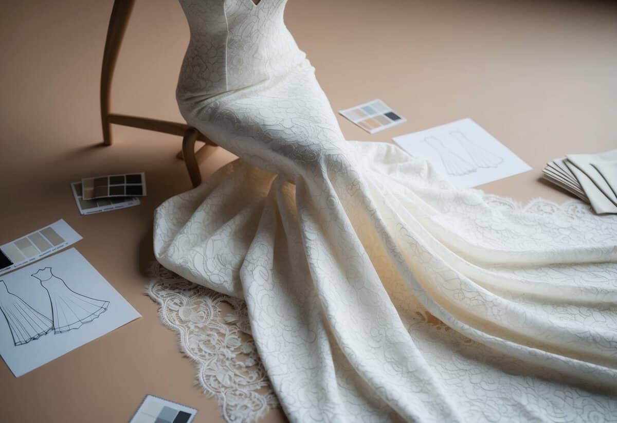 A mermaid lace gown draped over a mannequin, surrounded by delicate fabric swatches and sketches