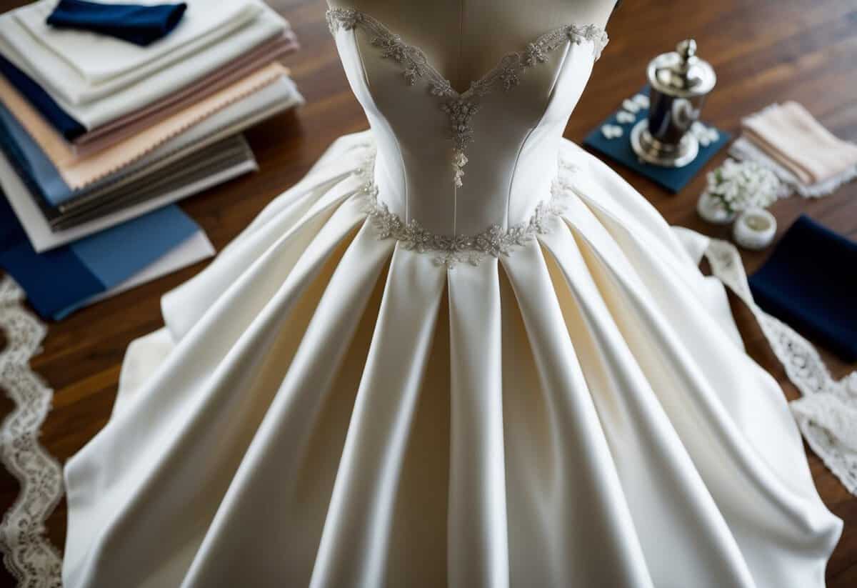 A satin fit and flare wedding dress on a mannequin, surrounded by fabric swatches and lace trimmings