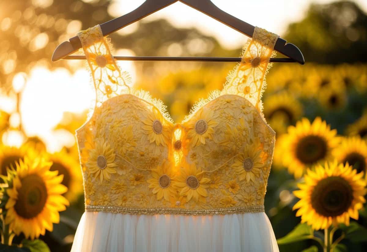 A sunflower lace gown hangs on a hanger, bathed in golden sunlight