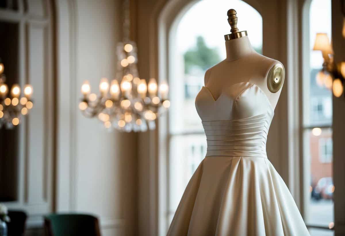 An elegant satin A-line wedding dress displayed on a mannequin