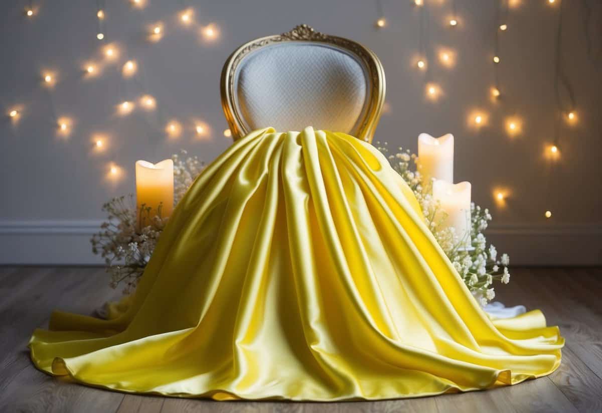 A canary yellow satin ballgown draped over a vintage chair, surrounded by delicate white flowers and soft candlelight