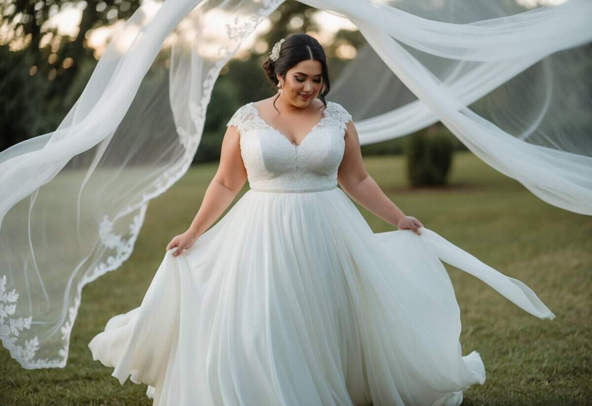 A plus size bride twirls in a flowy chiffon empire waist wedding dress, surrounded by billowing fabric and delicate lace details