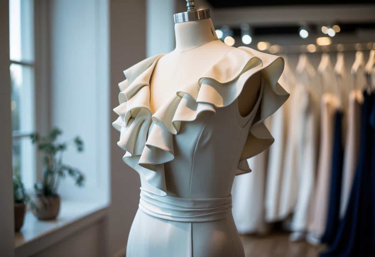 A ruffled crepe gown drapes elegantly over a mannequin, showcasing tight wedding dress ideas