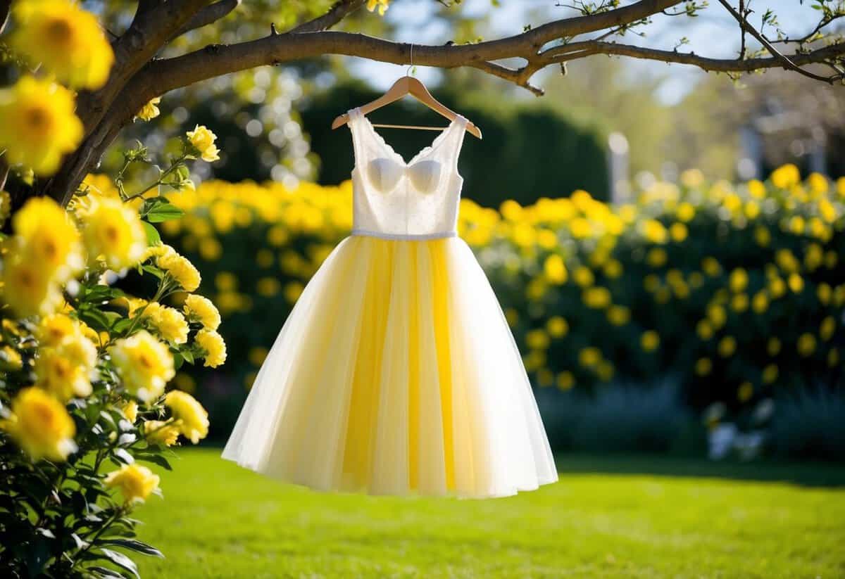 A sunny garden setting with a lemon drop tulle skirt wedding dress hanging from a tree branch, surrounded by blooming yellow flowers