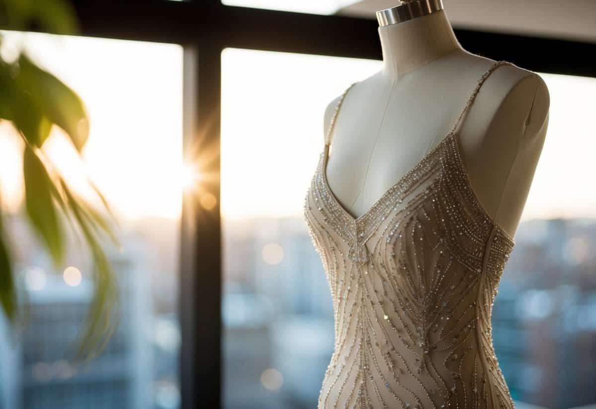 A mannequin displays a beaded slip dress, catching the light with its intricate detailing and sleek silhouette