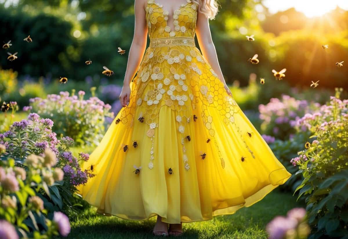 A sunlit garden with a flowing yellow dress adorned with intricate honeycomb embroidery, surrounded by blooming flowers and buzzing bees