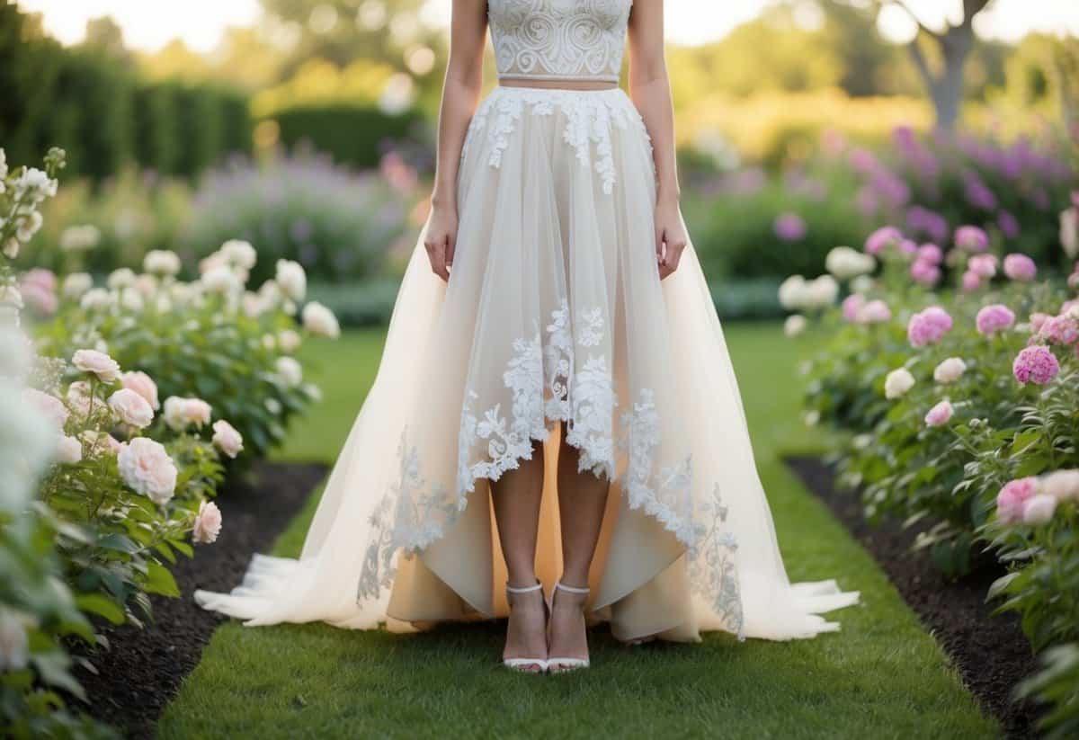 A bride stands in a garden, wearing a flowing, asymmetric tulle skirt with delicate lace detailing, surrounded by blooming flowers and soft, romantic lighting