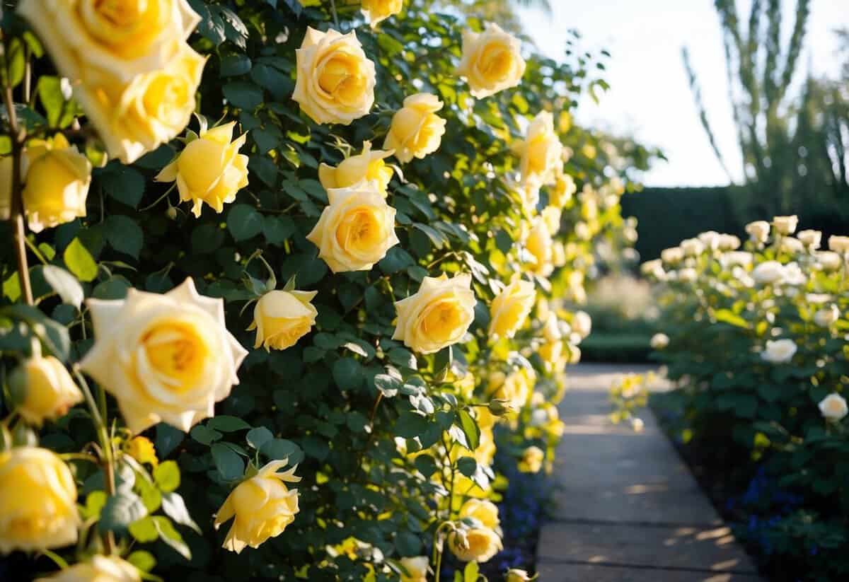 A sunlit garden with cascading yellow roses and flowing fabric