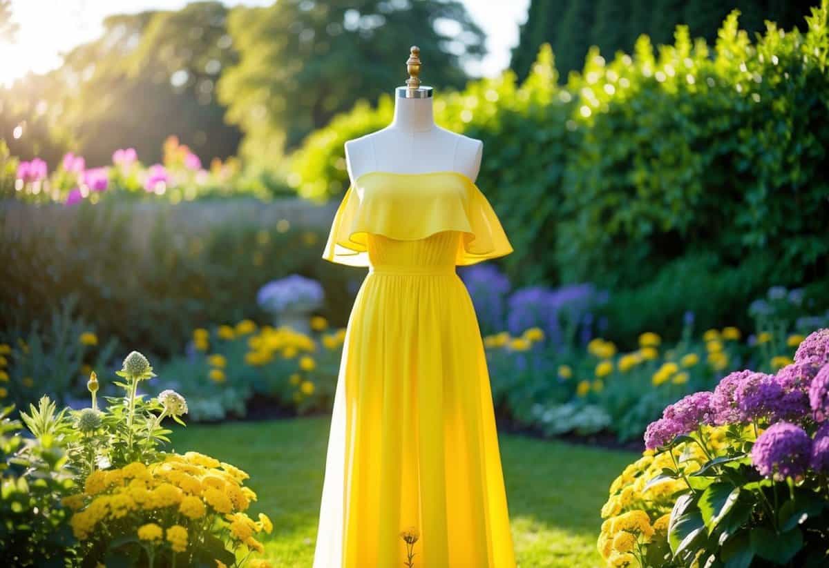 A sunlit garden with a flowing yellow off-shoulder dress on a mannequin, surrounded by vibrant flowers and greenery