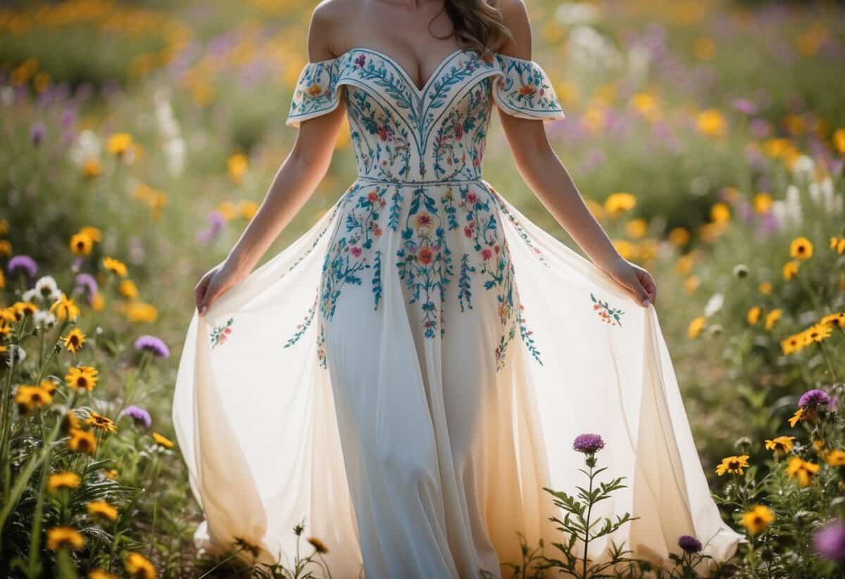 A flowing off-shoulder dress with intricate embroidery, surrounded by wildflowers and draped fabric