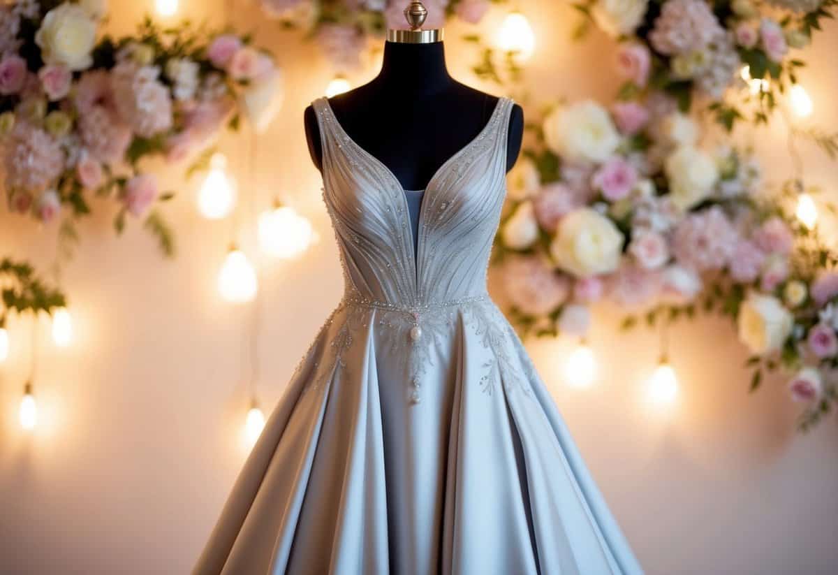 An elegant A-line gown with flowing fabric and intricate detailing, set against a romantic backdrop of blooming flowers and soft, glowing lights