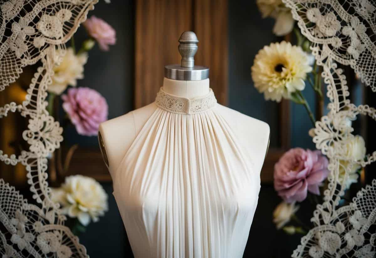 A vintage high-neck dress displayed on a mannequin, surrounded by antique lace and floral accents