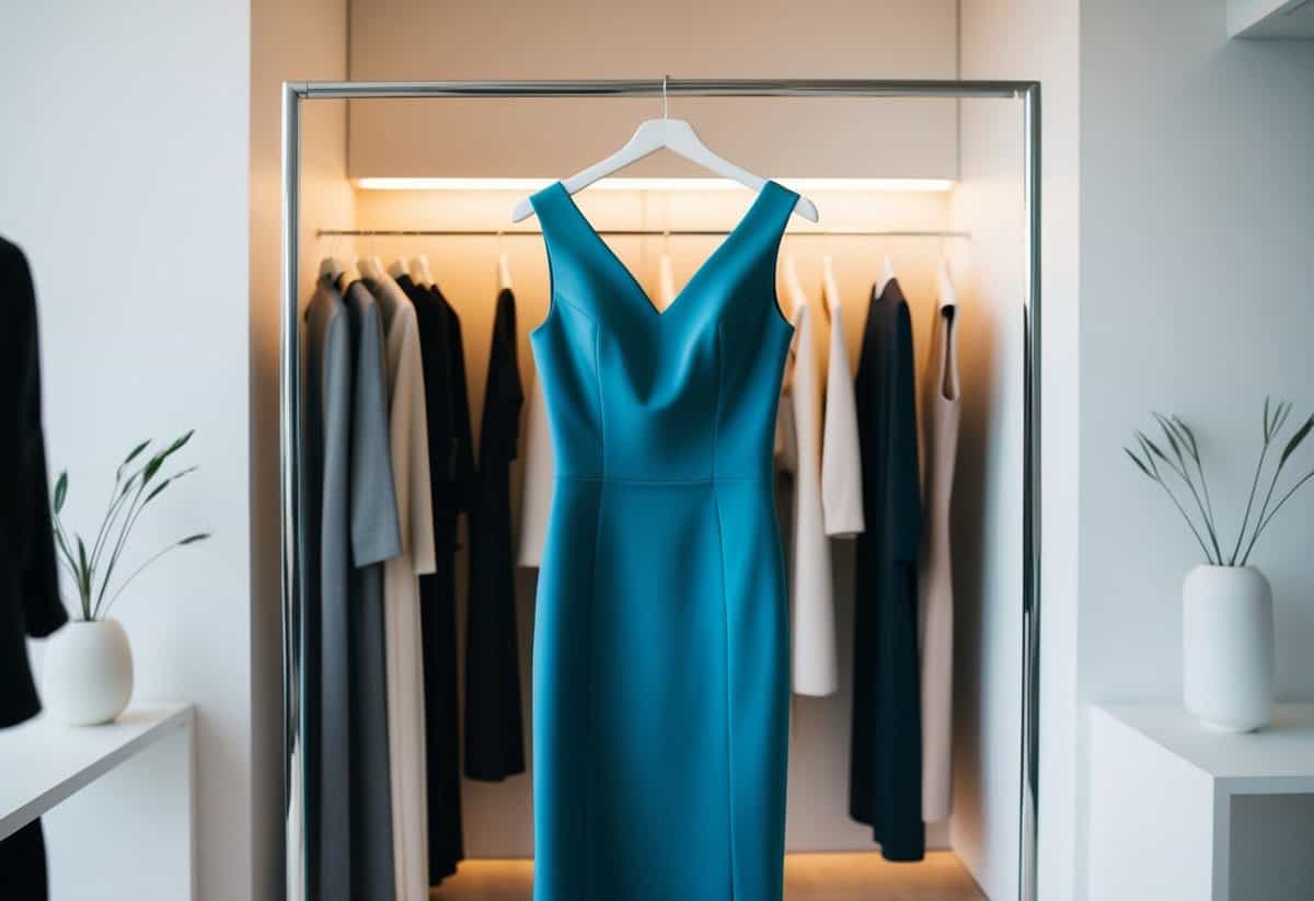 A sleek, modern sheath dress hangs on a minimalist clothing rack, surrounded by clean, contemporary decor