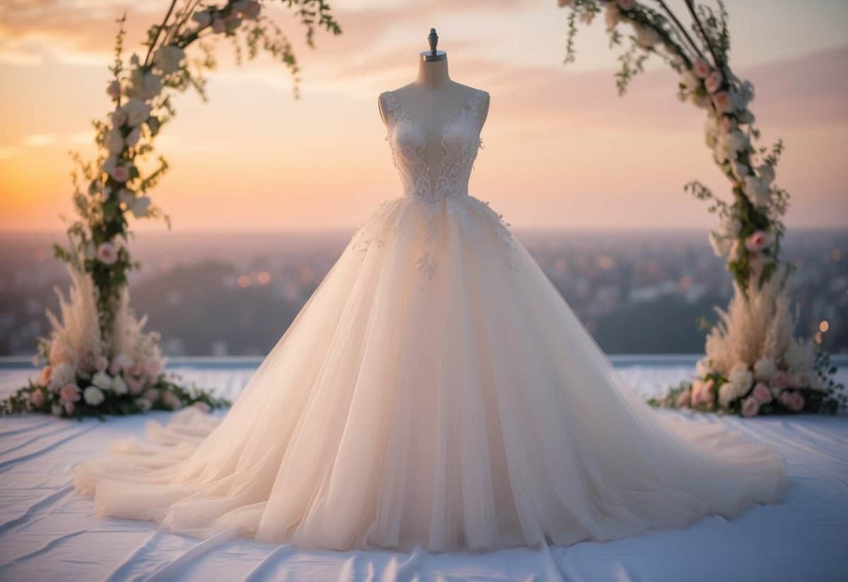 A soft, flowing tulle gown in a romantic, ethereal setting with delicate floral accents and a dreamy, sunset backdrop