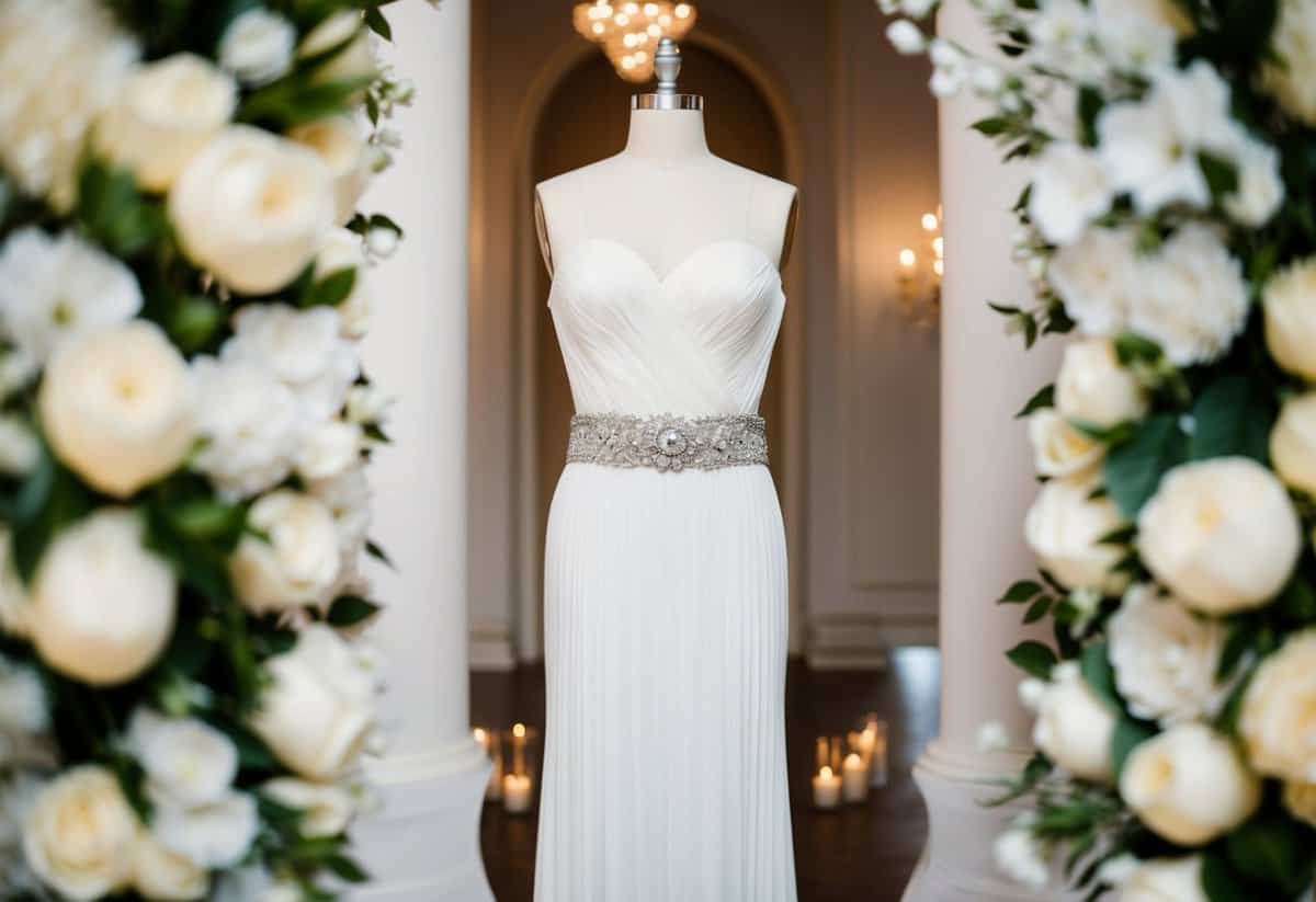 A mannequin wearing a beaded belt column dress, surrounded by elegant wedding decor