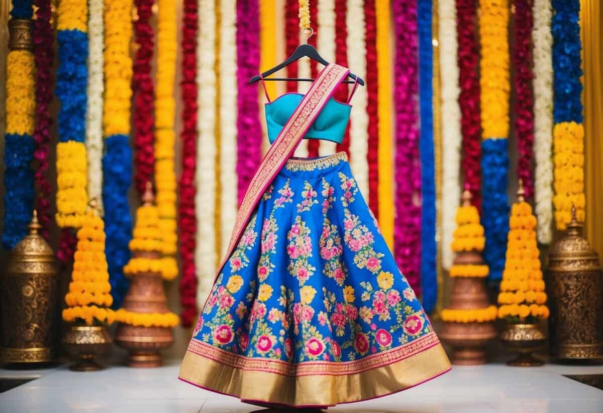 A vibrant floral print lehenga displayed on a hanger against a colorful backdrop of traditional Indian wedding decorations