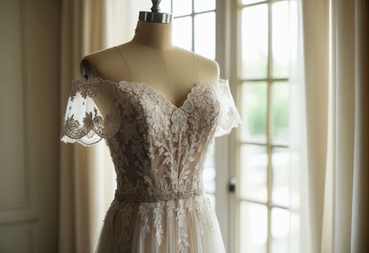 A lace embellished off-the-shoulder gown hangs gracefully on a vintage dress form, catching the soft light filtering through a nearby window