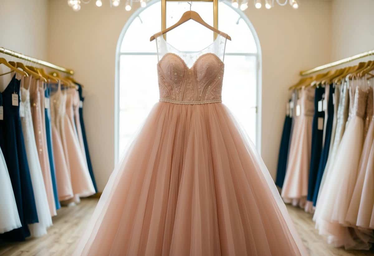 A blush pink tulle gown hangs from a golden hanger in a sunlit bridal boutique