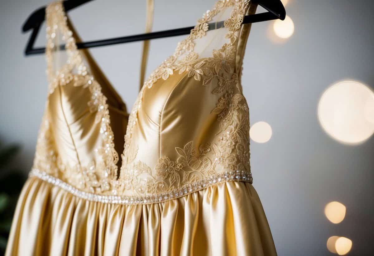 A golden champagne satin dress hangs on a hanger, draped with delicate lace and shimmering with elegance