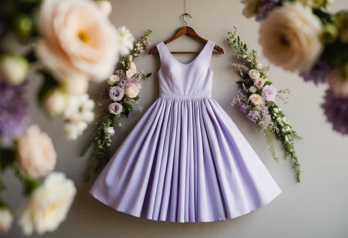 A soft lavender A-line dress hanging on a rustic wooden hanger, surrounded by delicate floral arrangements and soft, romantic lighting