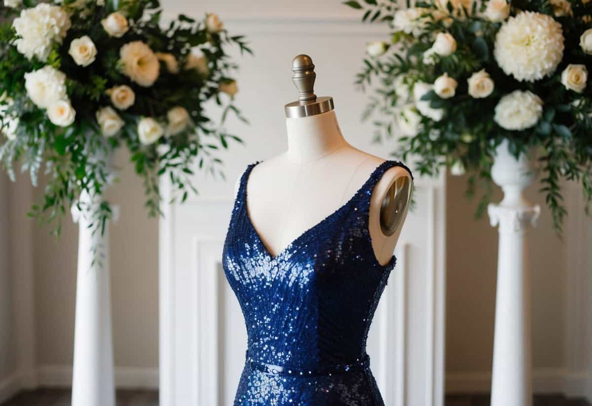 A mannequin wearing a chic blue sequin gown, surrounded by elegant wedding decor