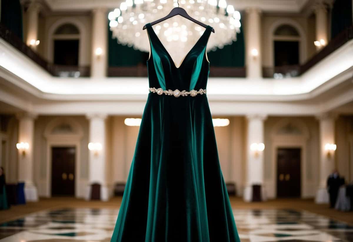 A regal emerald velvet dress hangs in a grand ballroom