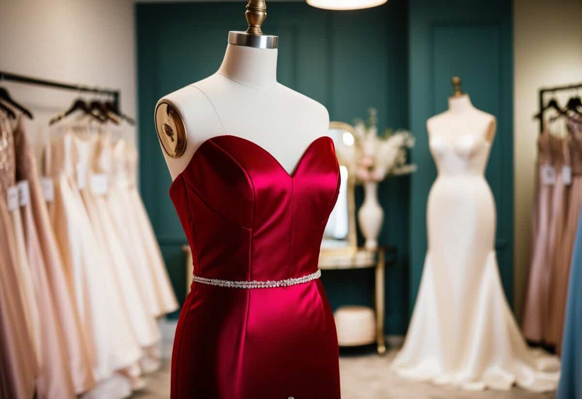 A mannequin adorned in a romantic red satin dress, standing in a softly lit bridal boutique