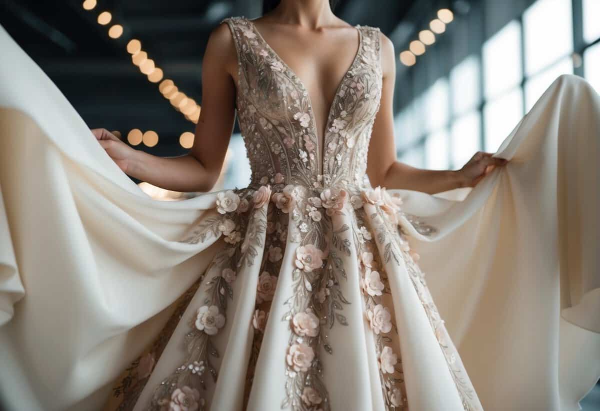 A stunning Eliza Embroidered Gown adorned with 3D flowers cascading down the flowing fabric