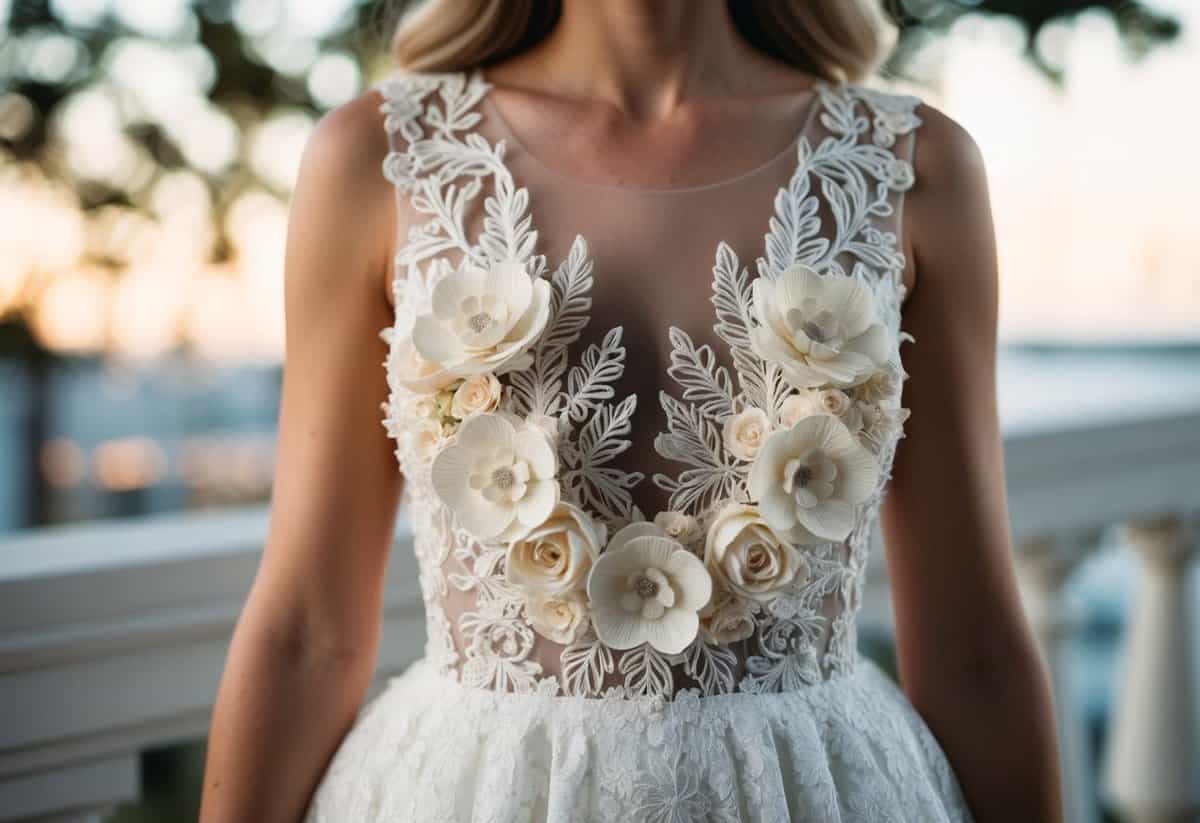 A delicate white lace dress adorned with intricate 3D flowers