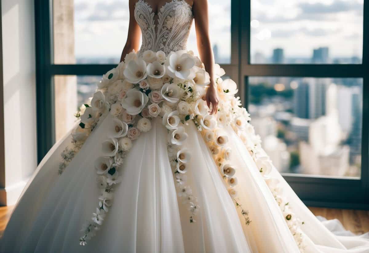 A voluminous wedding dress adorned with 3D flowers cascading down the skirt and bodice