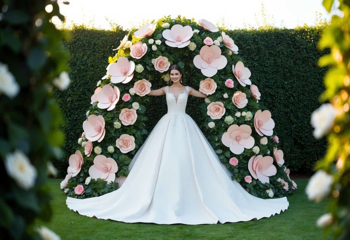 A garden of oversized 3D flowers cascading down an elegant A-line wedding dress