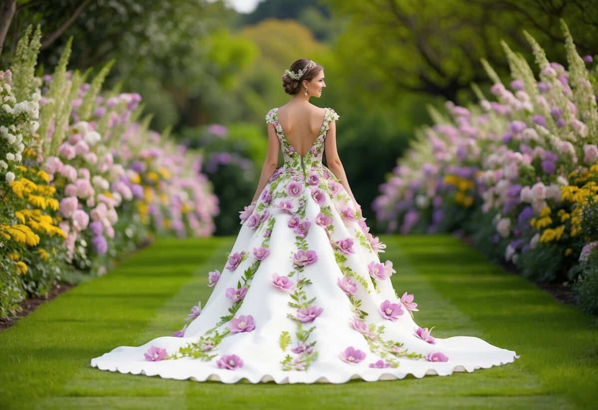 A garden-inspired gown adorned with 3D flowers cascades down a lush, blooming pathway