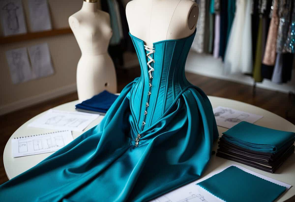 A boned corset mermaid dress draped over a mannequin, surrounded by sketches and fabric swatches