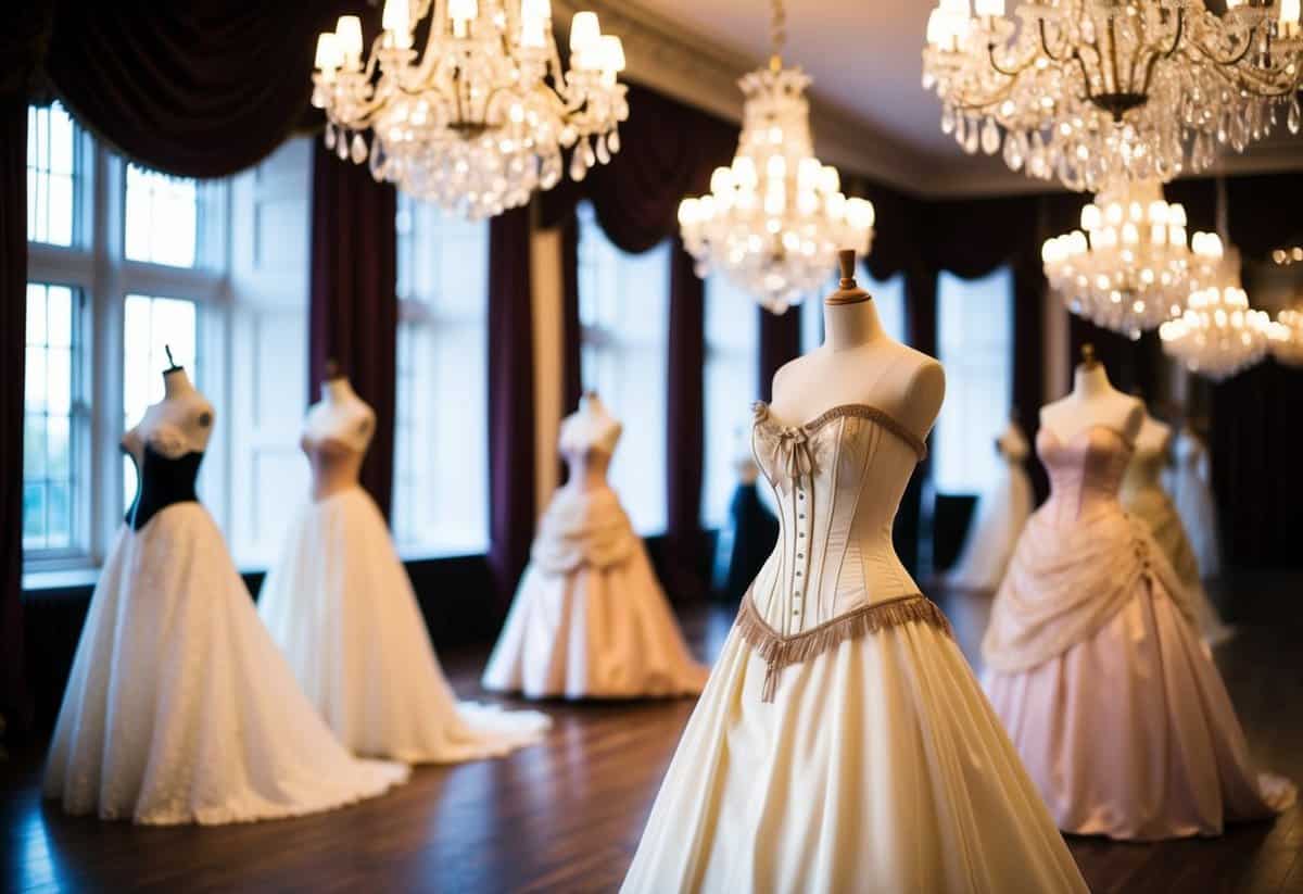 A grand ballroom with chandeliers, adorned with Victorian-style corset ball gown wedding dresses on mannequins