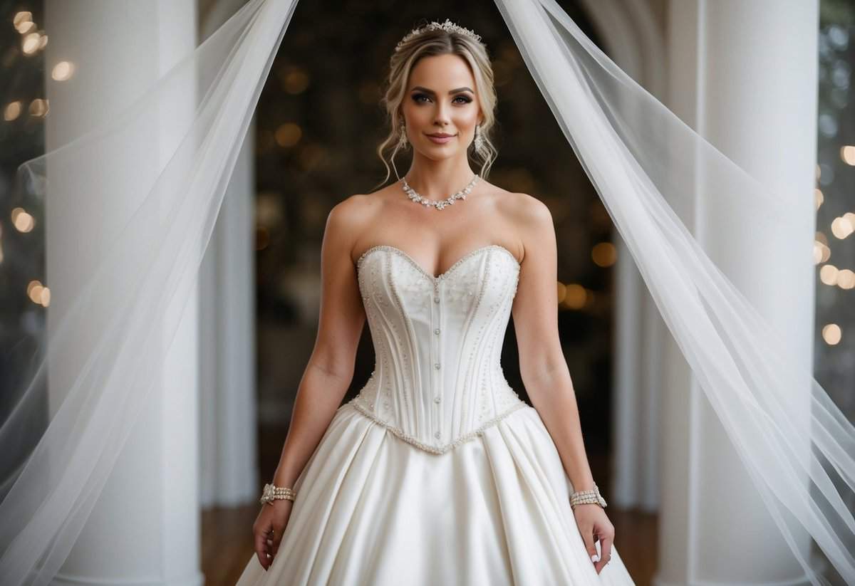 A bride standing in a strapless sweetheart corset dress, surrounded by delicate lace and intricate beading, with a flowing train trailing behind her