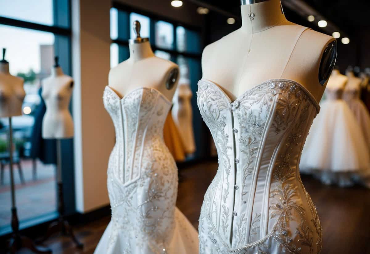 An embroidered corset mermaid wedding dress displayed on a mannequin