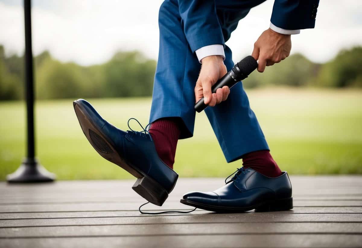 A groomsman tripping over his shoelaces while holding a microphone