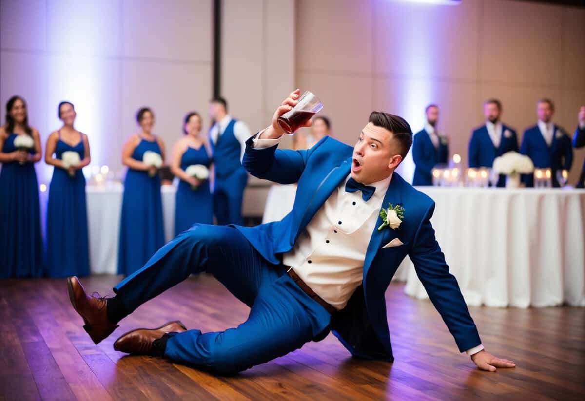 A groomsman spilling a drink and stumbling at the wedding reception