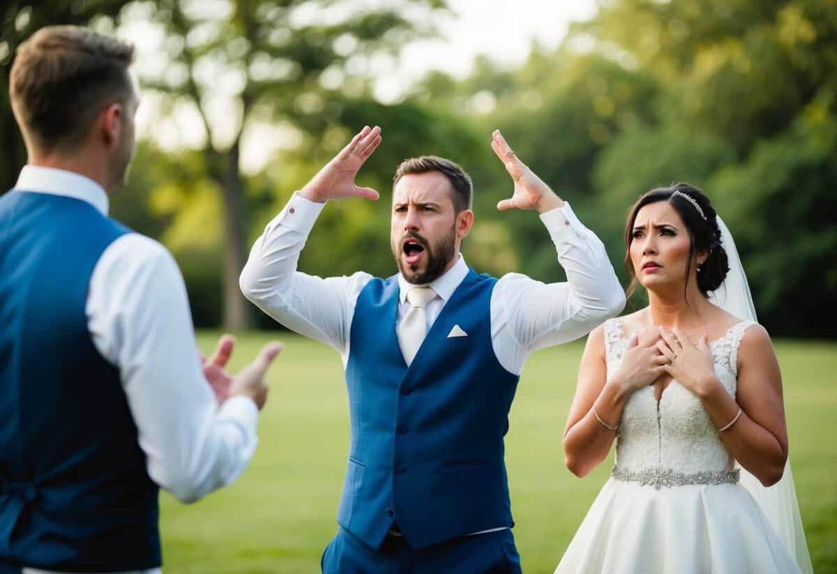 A groomsman gesturing with hands up in frustration while the bride glares disapprovingly