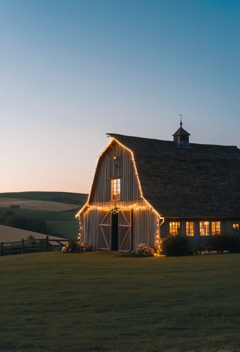 A quaint countryside barn adorned with fairy lights, set against rolling hills and a clear blue sky