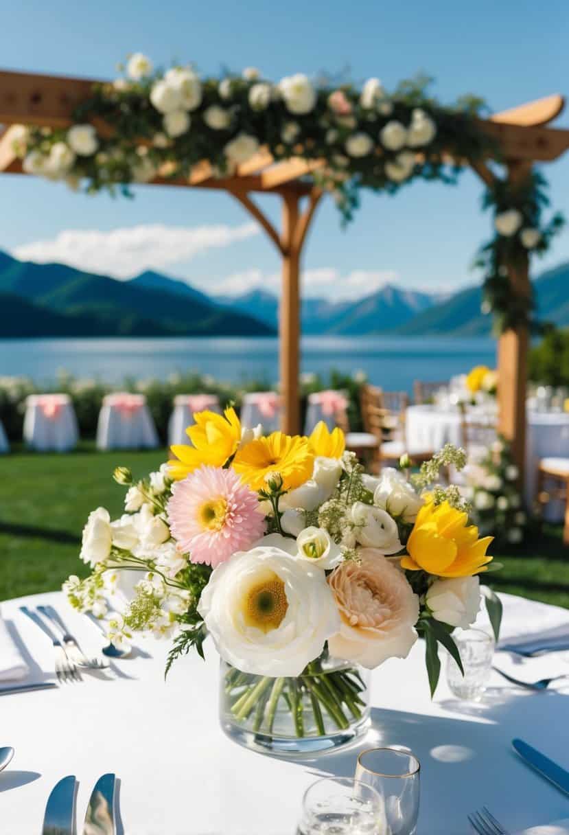 A sunny outdoor wedding venue with blooming flowers and a picturesque view of a lake or mountains in the background