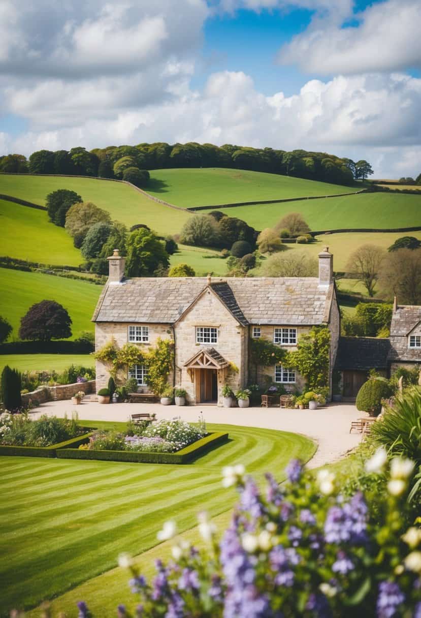 A picturesque countryside wedding venue in the UK with rolling green hills, a charming stone building, and a blooming garden