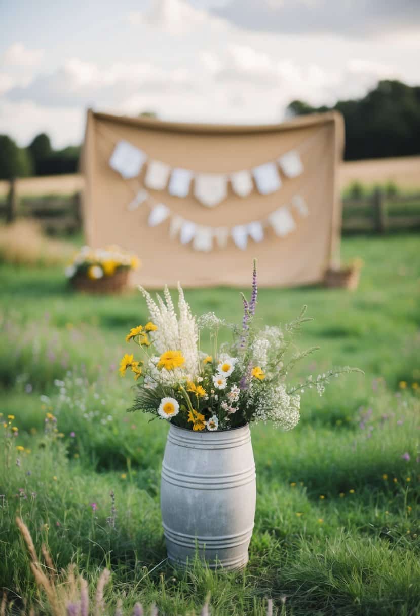 A simple, rustic wedding scene with handmade decorations, wildflowers, and a budget-friendly backdrop in a UK countryside setting