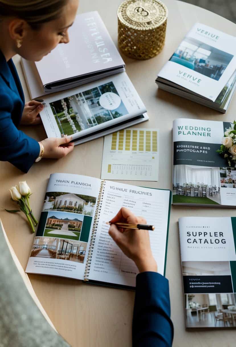 A wedding planner surrounded by venue brochures and supplier catalogs, making notes and calculations