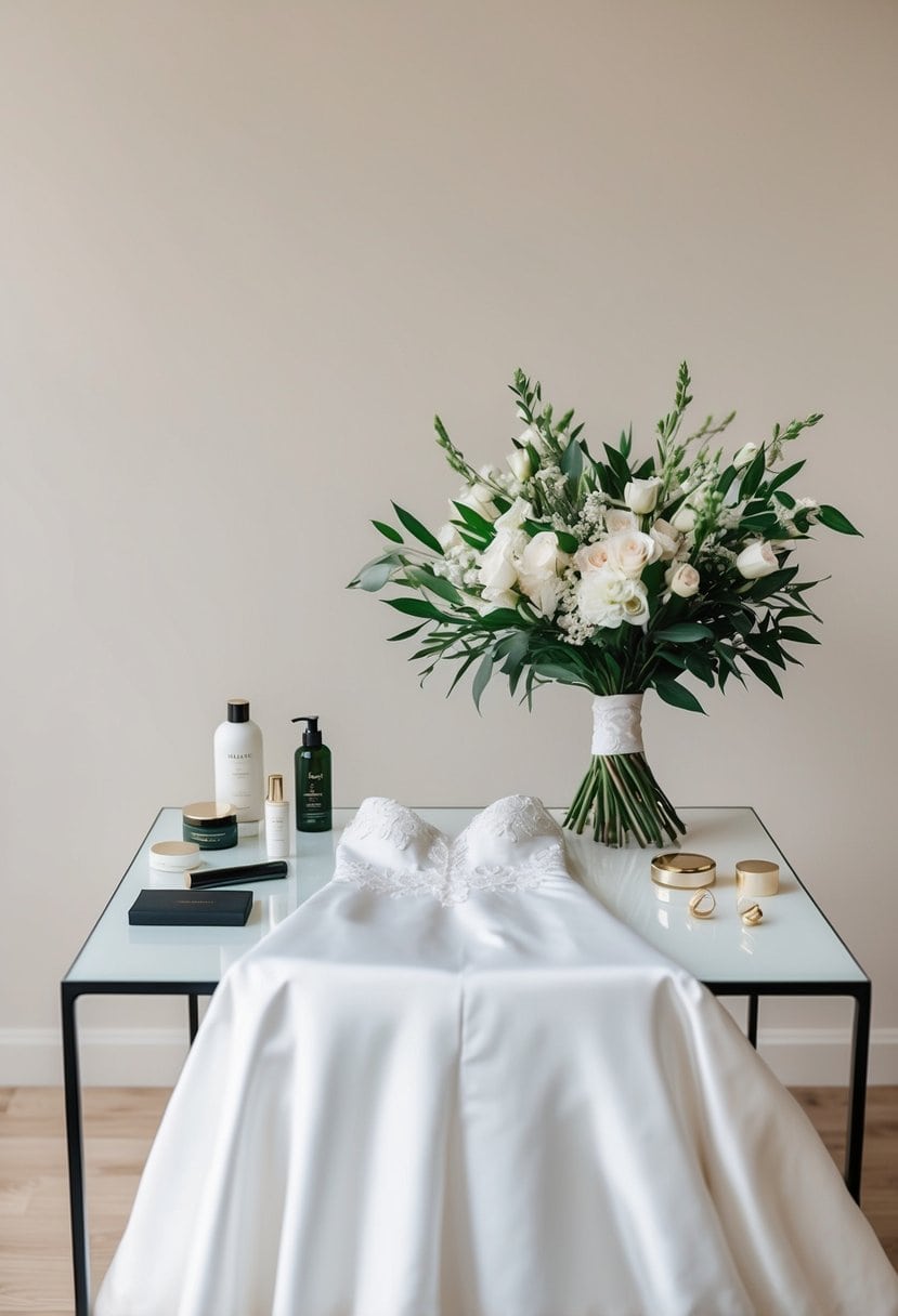 A simple wedding dress and bouquet on a budget-friendly table with minimalistic beauty products and accessories