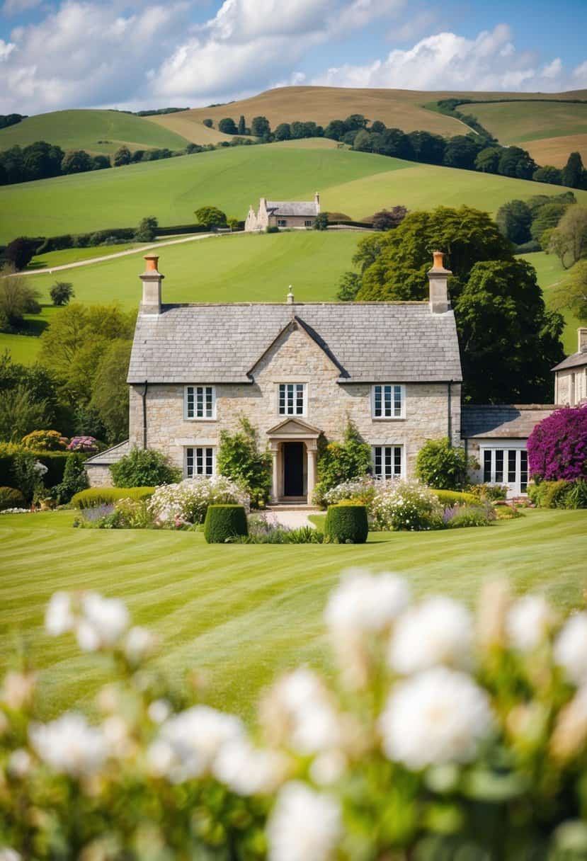 A picturesque countryside wedding venue with rolling hills, a charming stone building, and a blooming garden